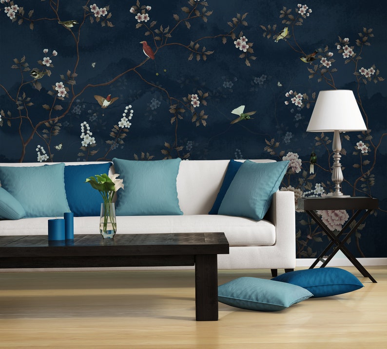 Dark Blue Chinoiserie Birds & Floral Branches Wallpaper [peel and Stick ...