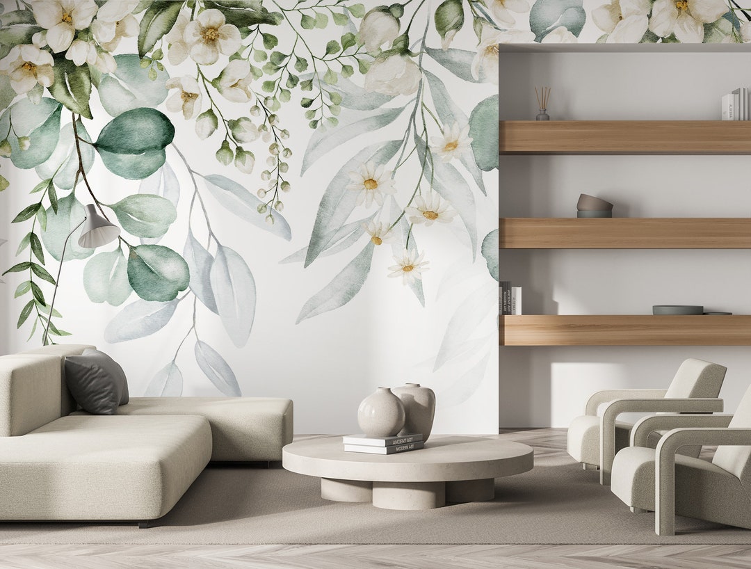 Leaves and Flowers Wallpaper, Watercolor Floral Wallpaper, Botanical ...