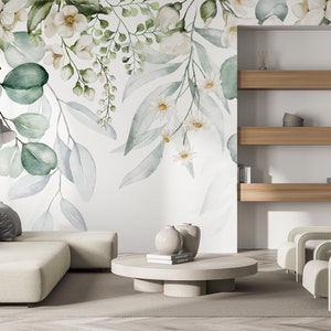 Leaves and flowers wallpaper, watercolor floral wallpaper, botanical wall mural [Peel and Stick (self adhesive) or Traditional Vinyl Papers]