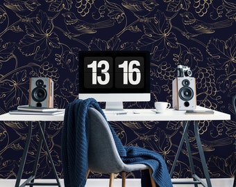 Dark vintage botanical wallpaper | Self adhesive | Repositionable wallpaper | Removable wall mural