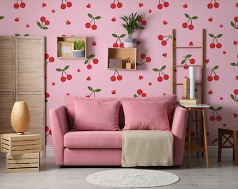Wallpaper with cherries, green leaves, blossom wall mural, [Peel and Stick (self adhesive) or Traditional Vinyl Papers]