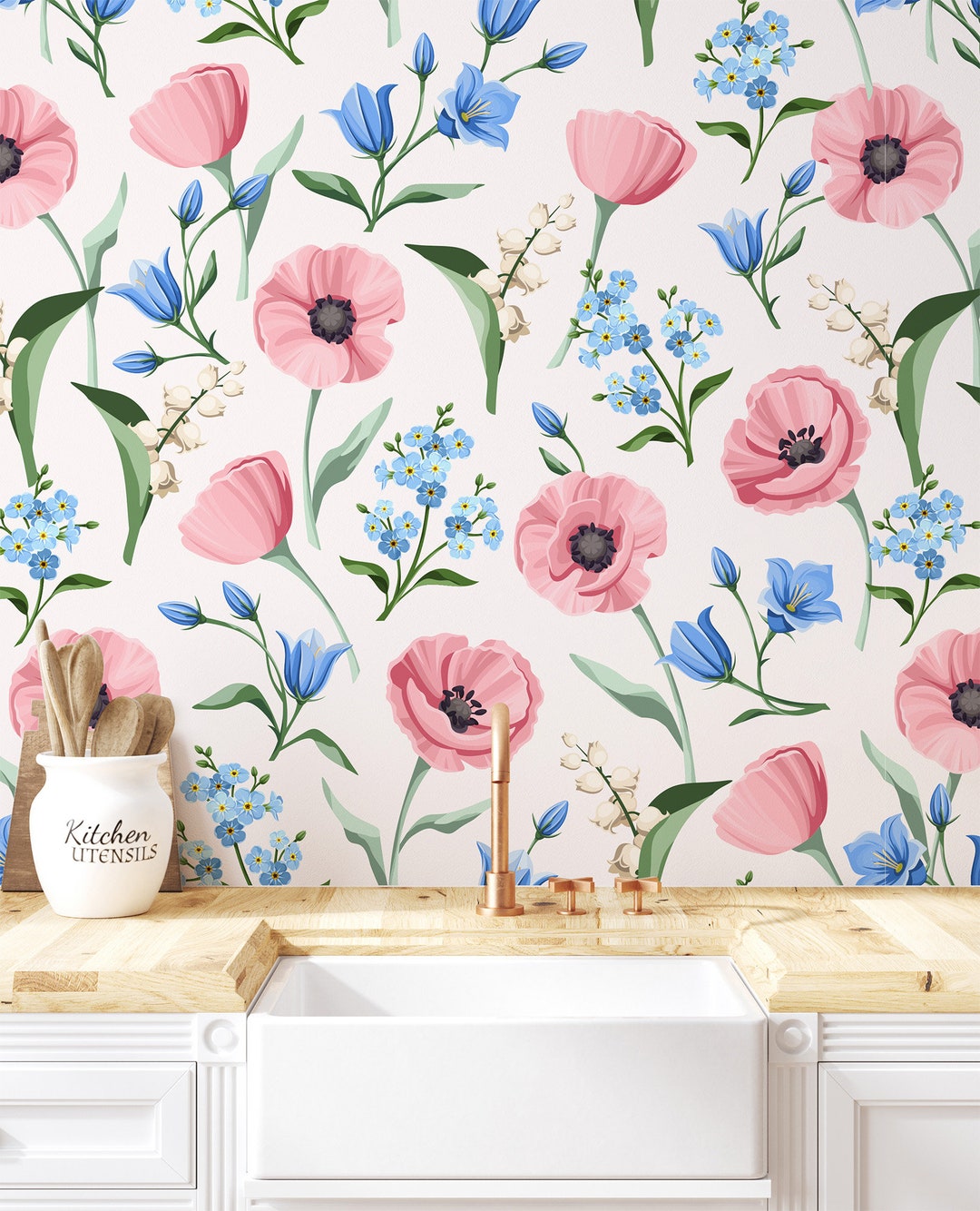 Field Flowers Wallpaper, Poppy Flower Wall Mural, Vintage Home Decor ...
