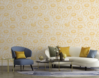 Sunflower yellow wallpaper, floral pattern, flowers wall mural [Peel and Stick (self adhesive) or Traditional Vinyl Papers]