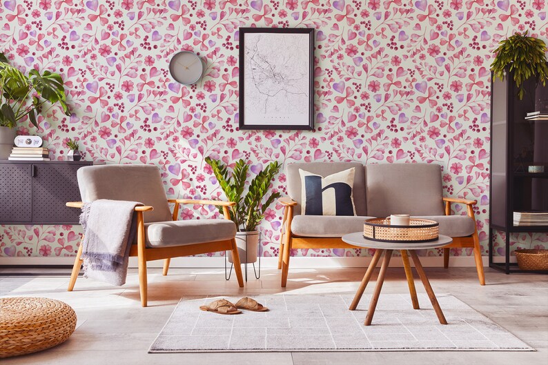 Watercolor Pink Floral Wallpaper, Blossom Wall Mural, [peel and Stick ...