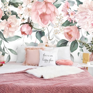 Carta da parati floreale ad acquerello, fiori bianchi rosa cipria, murale con fiori, [Stacca e incolla (autoadesivo) o carta vinilica tradizionale]
