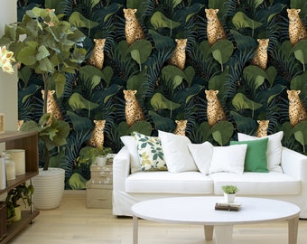 Papier peint foncé à motifs de feuilles tropicales et de léopard | Autocollant | Repositionnable et amovible