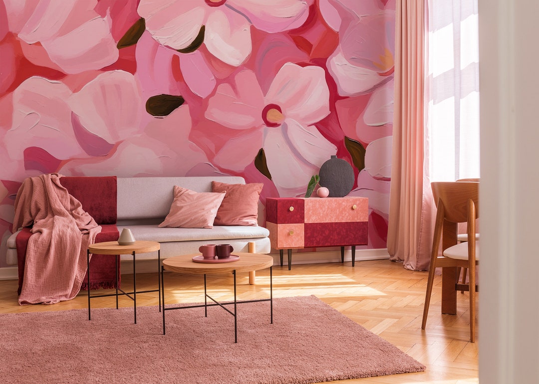 Pink Wall Patterns Modern, Botanical, Pink Floral Wallpaper, Blossom Wall Mural [peel and ...