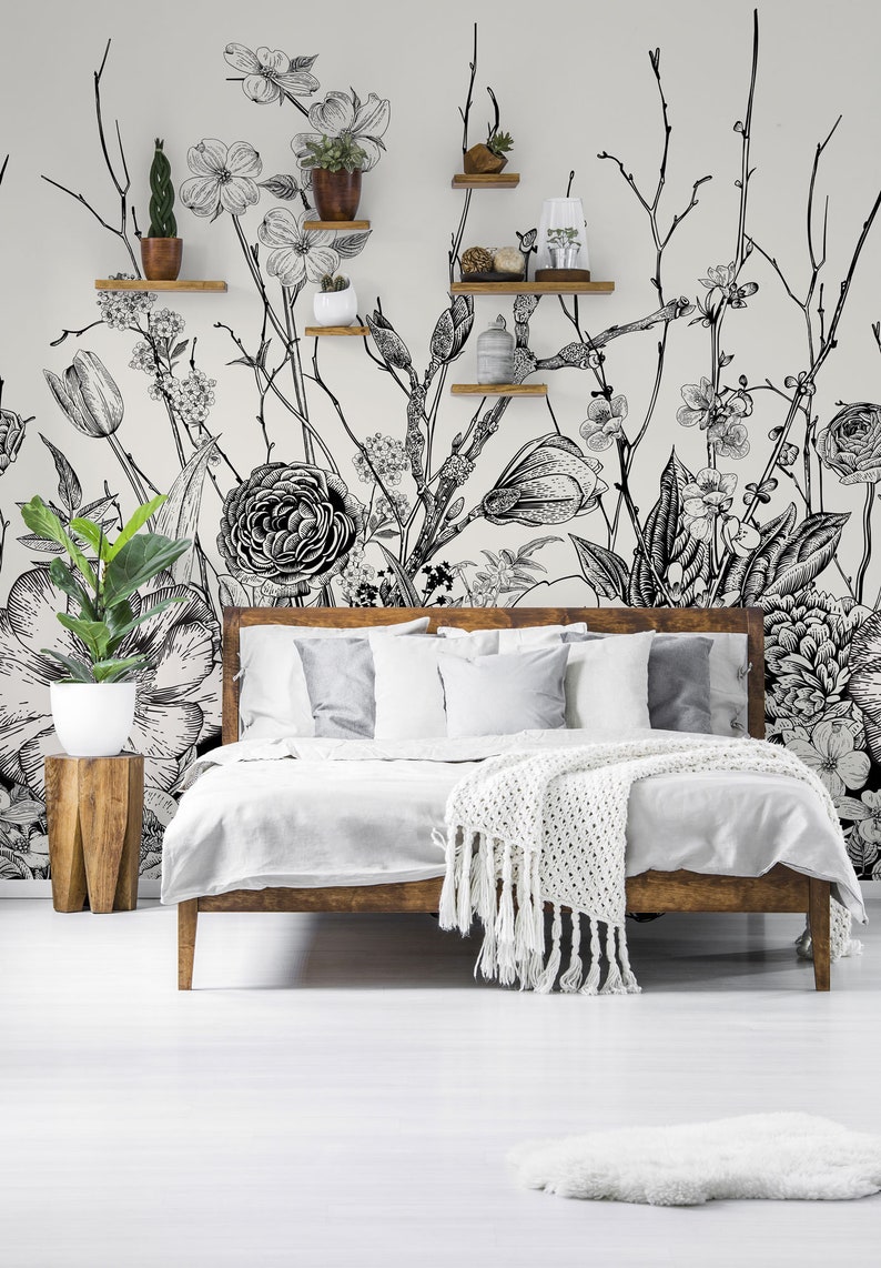 Vintage Botanical Black and White Wallpaper | Self-adhesive