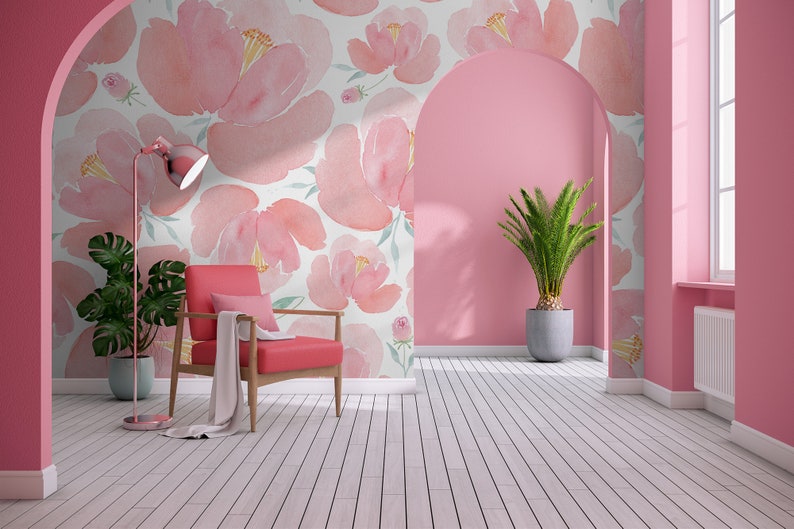 Big Pink Watercolor Flowers Wallpaper, Blossom Wall Mural [peel and ...