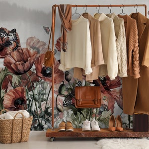 Mohnblumentapete, Schmetterling und Vogel, Blumenmuster, Blütenwandbild [Abziehen und Aufkleben (selbstklebend) oder traditionelle Vinyltapeten]