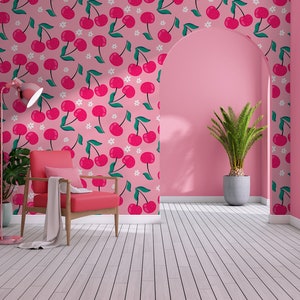 Pink wallpaper with cherries, botanical wall mural [Peel and Stick (self adhesive) or Traditional Vinyl Papers]