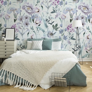 Light vintage floral wallpaper, field flowers wall mural, floral print [Peel and Stick (self adhesive) or Traditional Vinyl Papers]