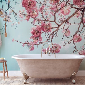 Kirschblüten-Tapete, Sakura-Baum-Blume, florales Wandgemälde [Abziehen und Aufkleben (selbstklebend) oder traditionelles Vinylpapier]