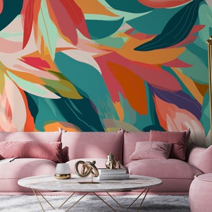 Sommerliche Boho-Tapete in Grün und Orange mit abstrakter moderner Blumenkunst [Abziehen und Aufkleben (selbstklebend) oder traditionelles Vinylpapier]