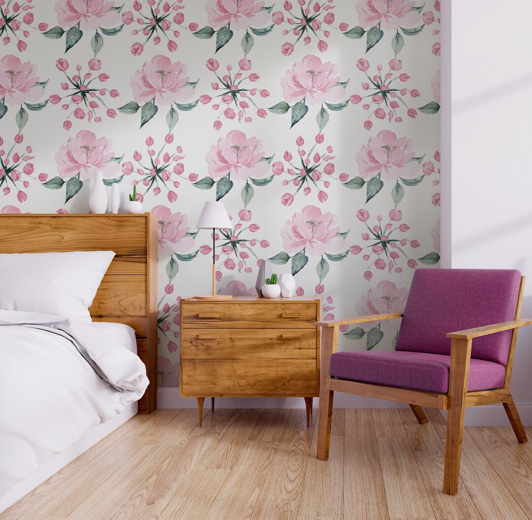 Watercolor Wallpaper With Pink Flower Peony and Leaf, Wall Mural [peel ...