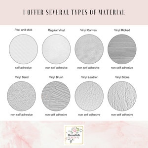 May include: A chart showing different types of vinyl materials used for crafting. The chart shows the material name, a sample of the material, and whether the material is self-adhesive or not. The materials shown are: Peel and stick, Regular Vinyl, Vinyl Canvas, Vinyl Ribbed, Vinyl Sand, Vinyl Brush, Vinyl Leather, and Vinyl Stone.