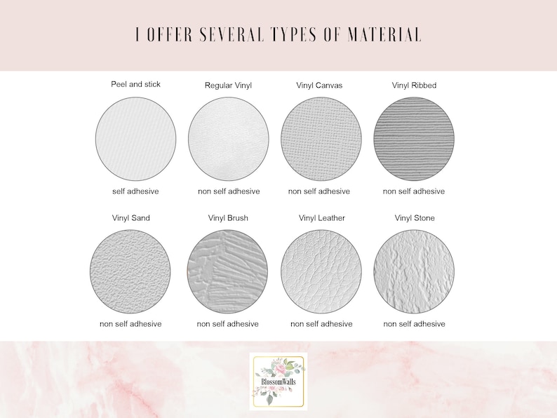 May include: A chart showing different types of vinyl materials used for crafting. The chart shows the material name, a sample of the material, and whether the material is self-adhesive or not. The materials shown are: Peel and stick, Regular Vinyl, Vinyl Canvas, Vinyl Ribbed, Vinyl Sand, Vinyl Brush, Vinyl Leather, and Vinyl Stone.