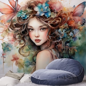 Carta da parati astratta con ragazza e fiori, murale con ritratto astratto [carta da parati adesiva o carta vinilica tradizionale]