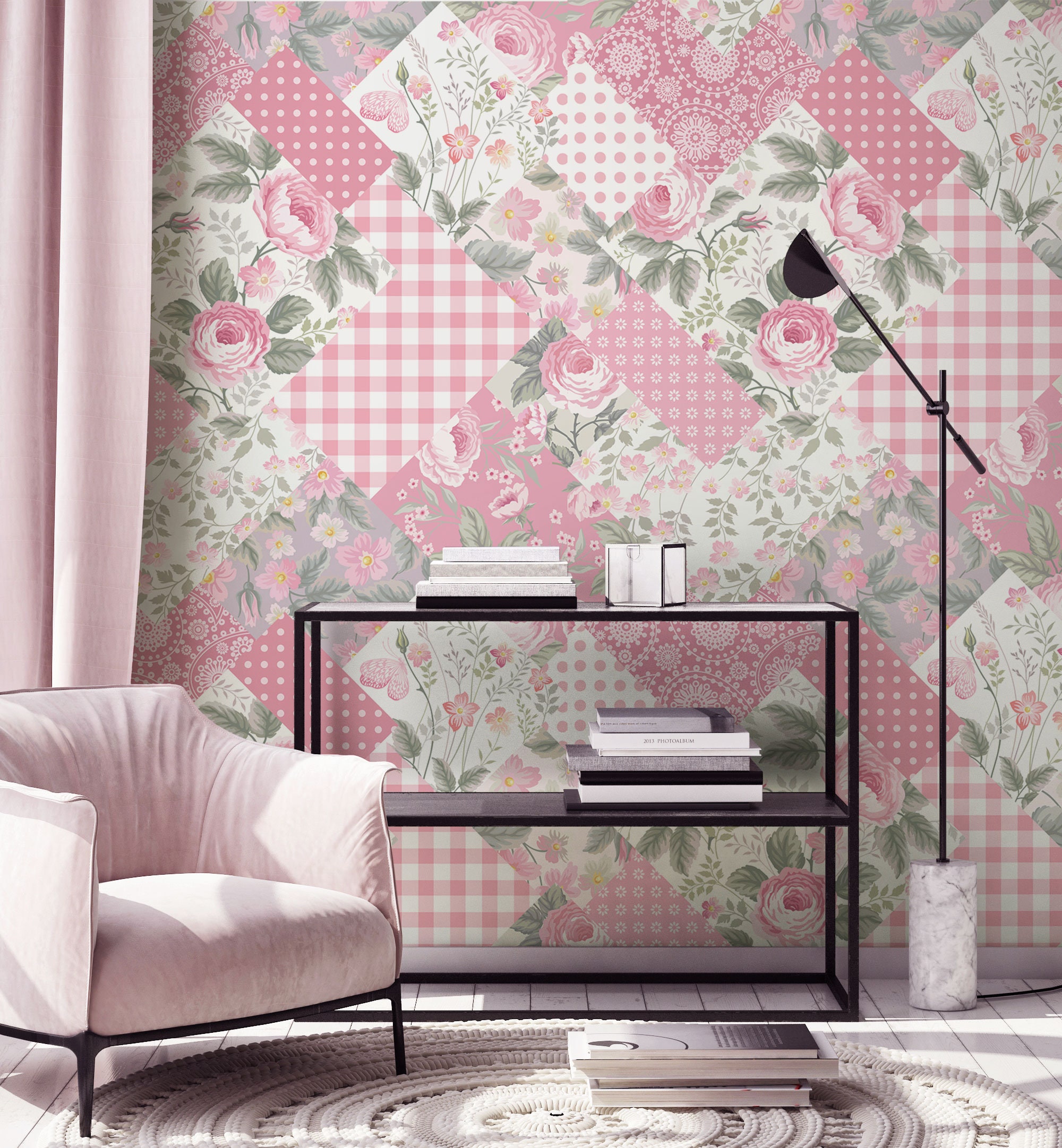 【リクエスト　2セット】 Buy Pink Patchwork Floral Wallpaper | Peel & Stick | Self
