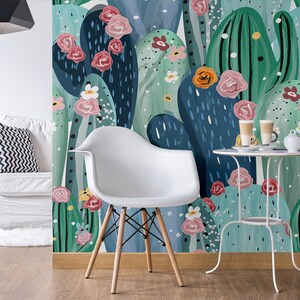 Abstract pastel cactus wallpaper with colorful flowers Peel & Stick Self adhesive Repositionable wallpaper Removable wall mural image 3