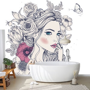 Woman with flowers in hair wallpaper | Peel & Stick | Self adhesive | Repositionable, Removable wallpaper