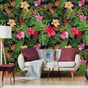 Tropischer Dschungel, wunderschöne Hibiskusblüten | Abziehen und aufkleben | Selbstklebend | Repositionierbare Tapete | Abnehmbares Wandbild