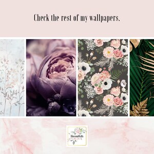 May include: A collage of four different floral wallpaper designs. The designs include a delicate floral pattern with a light blue background, a close-up of a purple flower, a dark background with pink and white flowers, and a green and gold tropical leaf pattern.