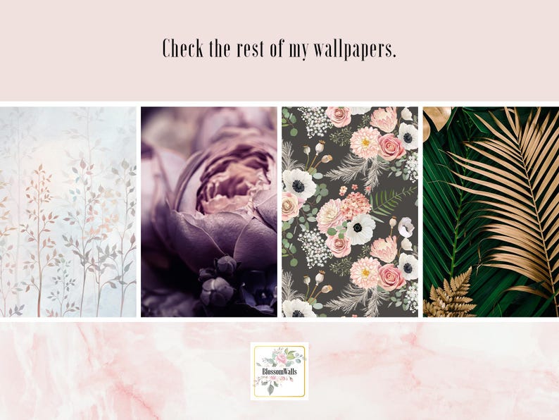 May include: A collage of four different floral wallpaper designs. The designs include a delicate floral pattern with a light blue background, a close-up of a purple flower, a dark background with pink and white flowers, and a green and gold tropical leaf pattern.