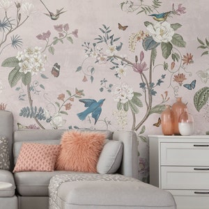 Chinoiserie botanisch behang, vintage vogel- en bloemenbehang, [Peel and Stick (zelfklevend) of traditioneel vinylpapier]