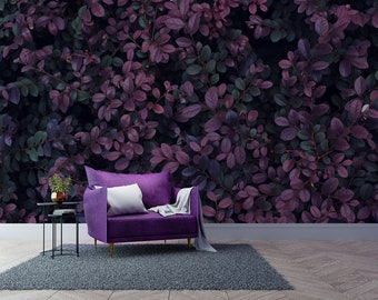 Dark purple small leaf branches photo wallpaper | Peel & Stick | Self adhesive | Repositionable wallpaper | Removable wall mural