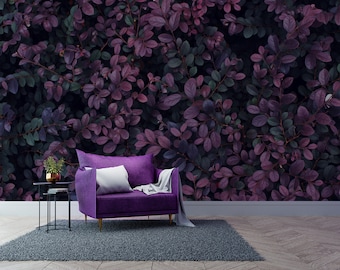 Dark purple small leaf branches photo wallpaper | Peel & Stick | Self adhesive | Repositionable wallpaper | Removable wall mural