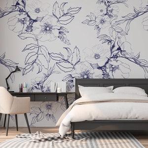 Blue flowers and leaves wallpaper | Peel & Stick | Self adhesive | Repositionable wallpaper | Removable wall mural