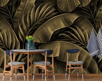 Black wallpaper with yellow tropical leaves | Peel & Stick | Self adhesive | Repositionable, Removable wallpaper