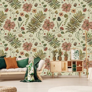Wallpaper with leaf, mushroom, snail and flower pattern | Peel & Stick | Self adhesive | Repositionable, Removable wallpaper