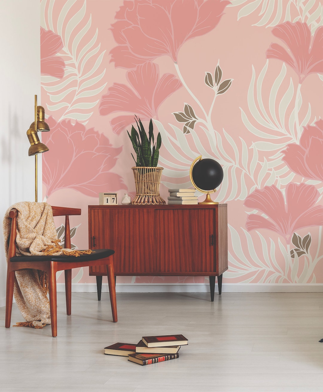 Beautiful Pink Flowers and White Leaves Wallpaper | Peel & Stick | Self ...
