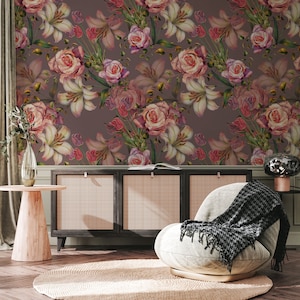Papier peint floral aquarelle, lys, tulipe et rose | Décoller et coller | Auto-adhésif | Papier peint repositionnable et amovible