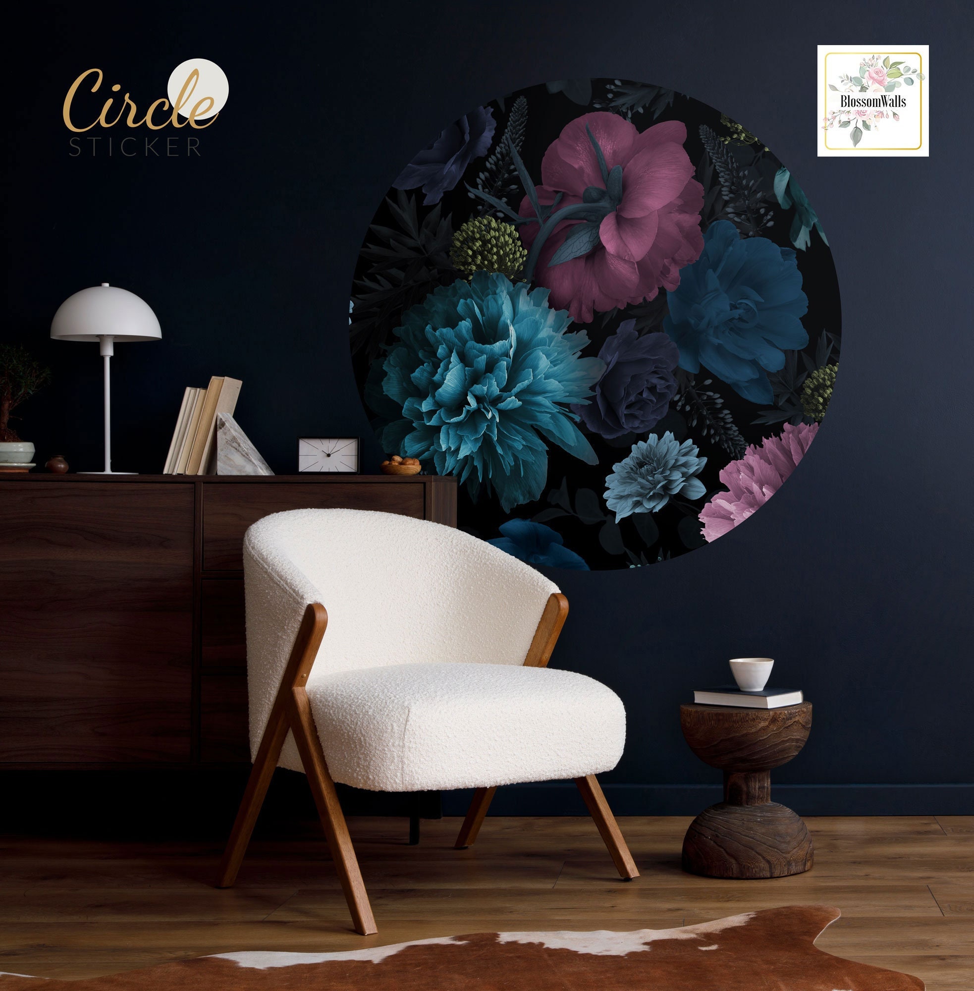 Floral wall sticker, peonies on a black background | Peel and Stick | Self adhesive | Circle Wall Decal | Wall Decor
