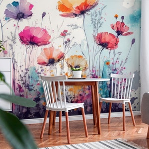 Abstract colorful watercolor field flowers wallpaper, floral wall mural [Peel and Stick (self adhesive) or Traditional Vinyl Papers]