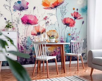 Abstract colorful watercolor field flowers wallpaper, floral wall mural [Peel and Stick (self adhesive) or Traditional Vinyl Papers]