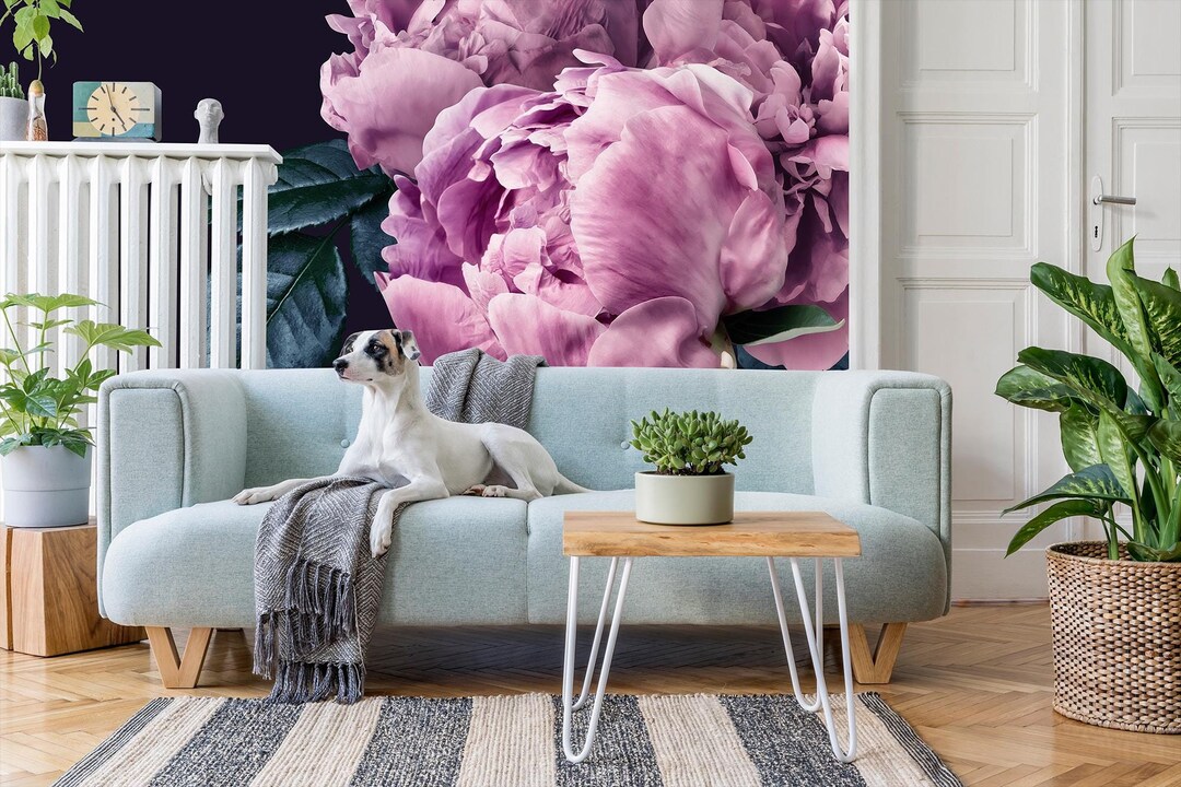 Pink Peony Dark Wallpaper, Botanical Wall Mural, Botanical Home Decor ...