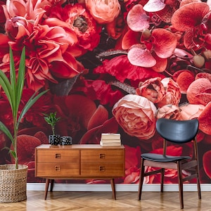 Deep red floral composition photo wallpaper | Peel & Stick | Self adhesive | Repositionable, Removable wallpaper