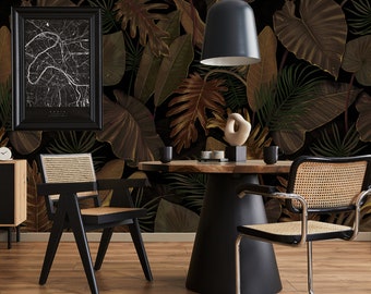 Dark wallpaper with brown tropical leaves | Peel & Stick | Self adhesive | Repositionable, Removable wallpaper