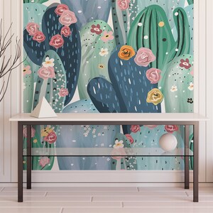 Abstract pastel cactus wallpaper with colorful flowers Peel & Stick Self adhesive Repositionable wallpaper Removable wall mural image 2