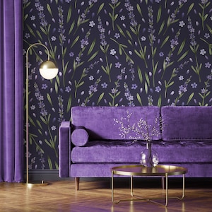 Watercolor wallpaper, purple floral pattern, lavender Wall Mural [Peel and Stick (self adhesive) or Traditional Vinyl Papers]