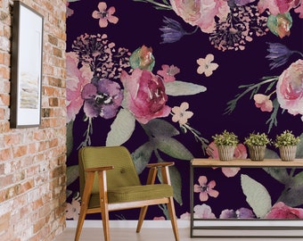 Dark floral wallpaper | Peel & Stick | Self adhesive | Repositionable wallpaper | Removable wall mural | Wall decor