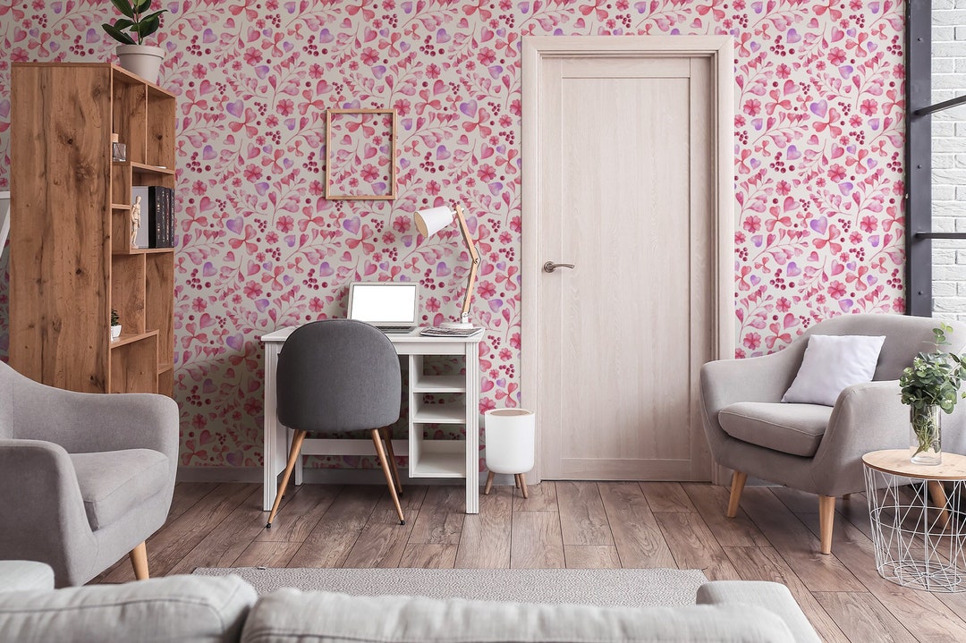 Watercolor Pink Floral Wallpaper, Blossom Wall Mural, [peel and Stick ...