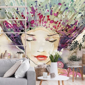 Watercolor abstract woman face art wallpaper | Peel & Stick | Self adhesive | Repositionable wallpaper | Removable wall mural