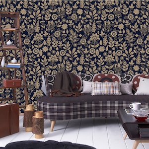 Navy and yellow ethnic floral pattern wallpaper | Peel & Stick | Self adhesive | Repositionable, Removable wallpaper