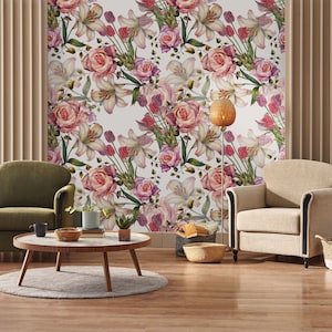 Carta da parati floreale ad acquerello, fiori da giardino, giglio, tulipano e rosa | Stacca e attacca | Autoadesivo | Carta da parati riposizionabile e rimovibile