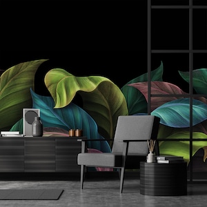 Dunkle tropische Tapete, Wandkunst mit grünen Blättern, botanischer Blumendruck [Abziehen und Aufkleben (selbstklebend) oder traditionelles Vinylpapier]